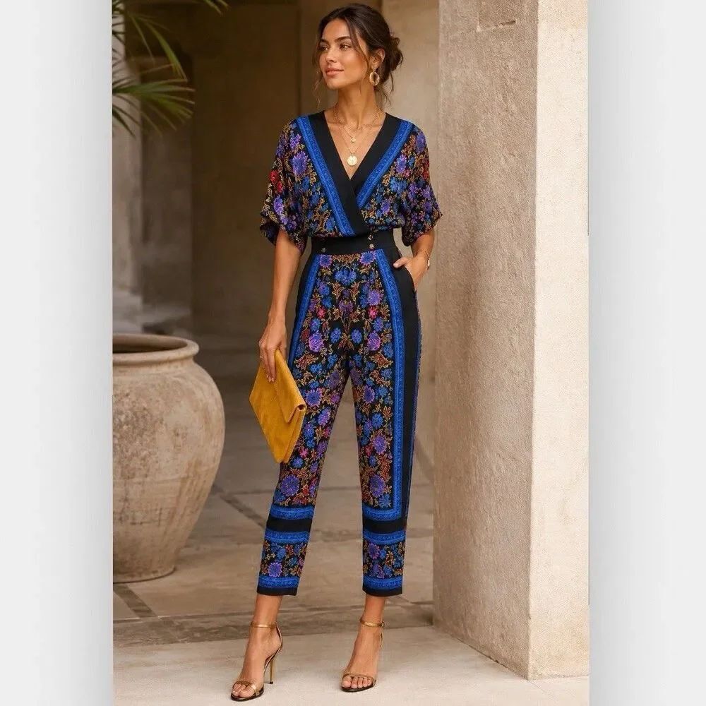 Anthropologie Ett:Twa Floral V-Neck Cropped Jumpsuit Blue Black US Size 6